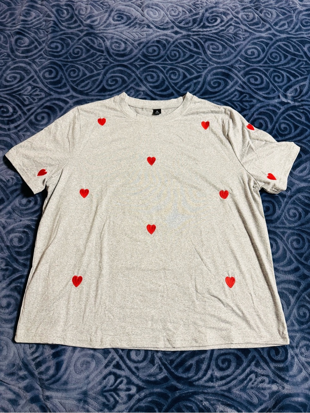 SHEIN Gray Tee with Red Heart Accents